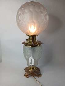 Pittsburgh Rose Parlor Gone With The Wind Brass and Frosted Satin Glass Electrified Table Lamp