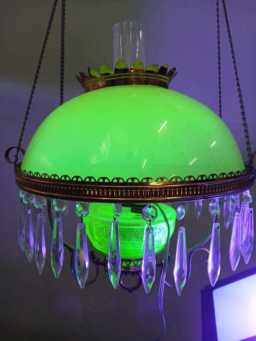Victorian Hanging Brass and Uranium Glass Electrified Lamp (1 of 8)