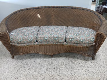 Vintage Wicker 3 Seat Cushioned Love Seat and Oval Table