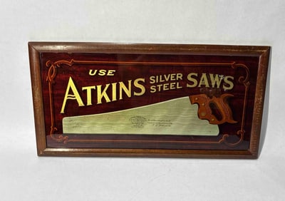Atkins Silver Steel Saws reverse painted glass sign