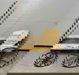 Primitive wooden wheel farm wagon: Bed 13in wide 26in long.