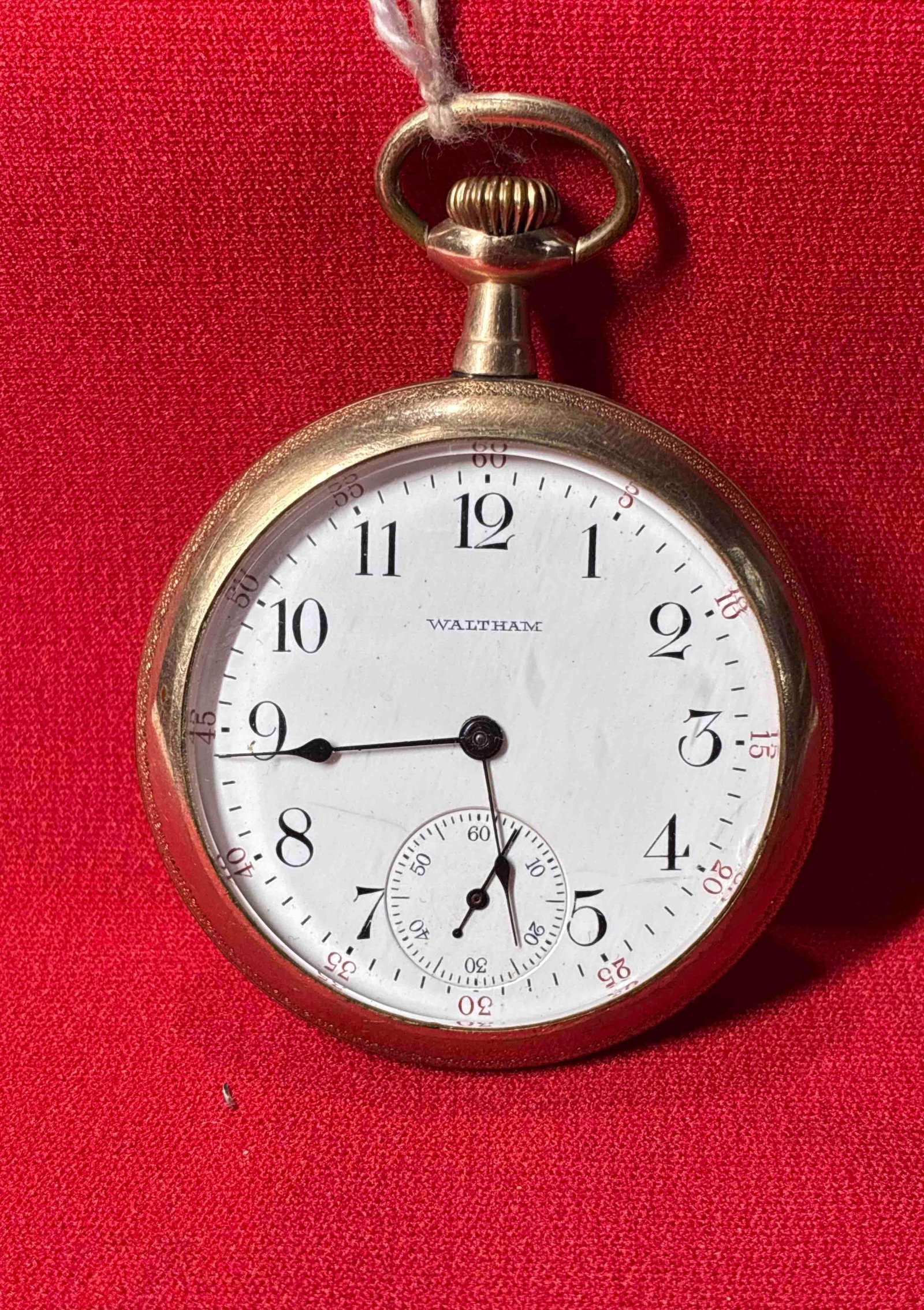 Waltham Cresent St 21J Pocket Watch: 5 pos, gold centerwheel and gold jewel settings. Running condition. 