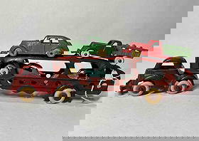 1930s Hubley Car Hauler: Pick up may not be an original Hubley, others are marked. All in good condition. 10 inches long