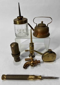 Lot of brass oilers, tea kettle, steam whistle & screwdriver