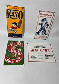 Keen Kutter, Singer, Cracker Jack, and Kayo Porcelain Signs
