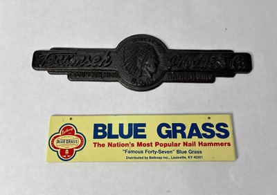 Blue Grass Hammer Tag Sign & Tecumser Cast Iron Plaque