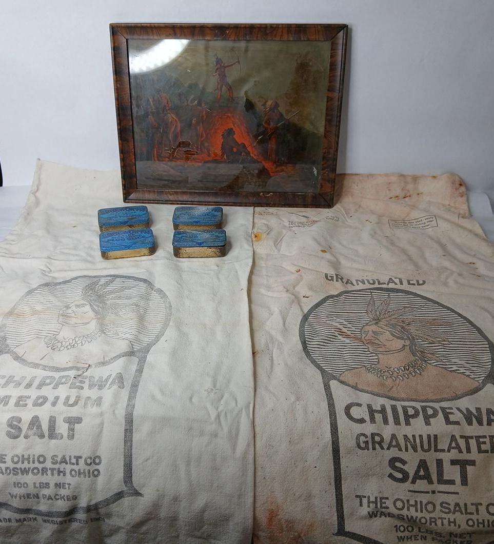 Burning Arrow Print, Tobacco Tins, & Chippewa Salt Bags: Native American Chief images to salt bags. Print shows minor damage but is bright with an awesome image.