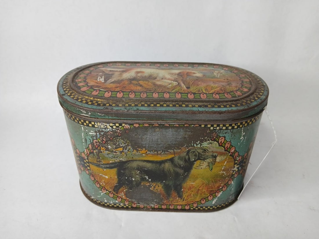 Hunting Dog Litho Advertising Tin: Dog images to all sides and top. 7x4x4