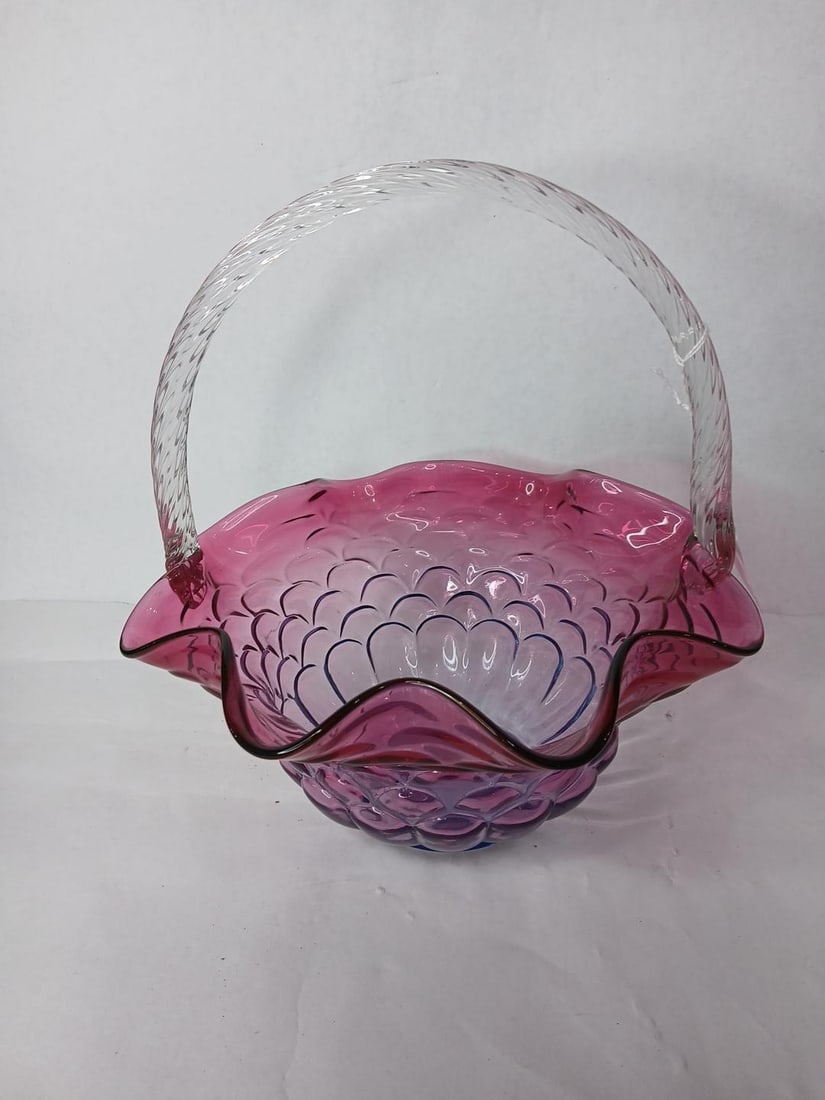 XL Fenton Mulberry Mermaid Tail Art Glass Basket: No chips or cracks. 10x10.5