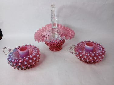 Fenton Cranberry Hobnail Candle Holders & Basket