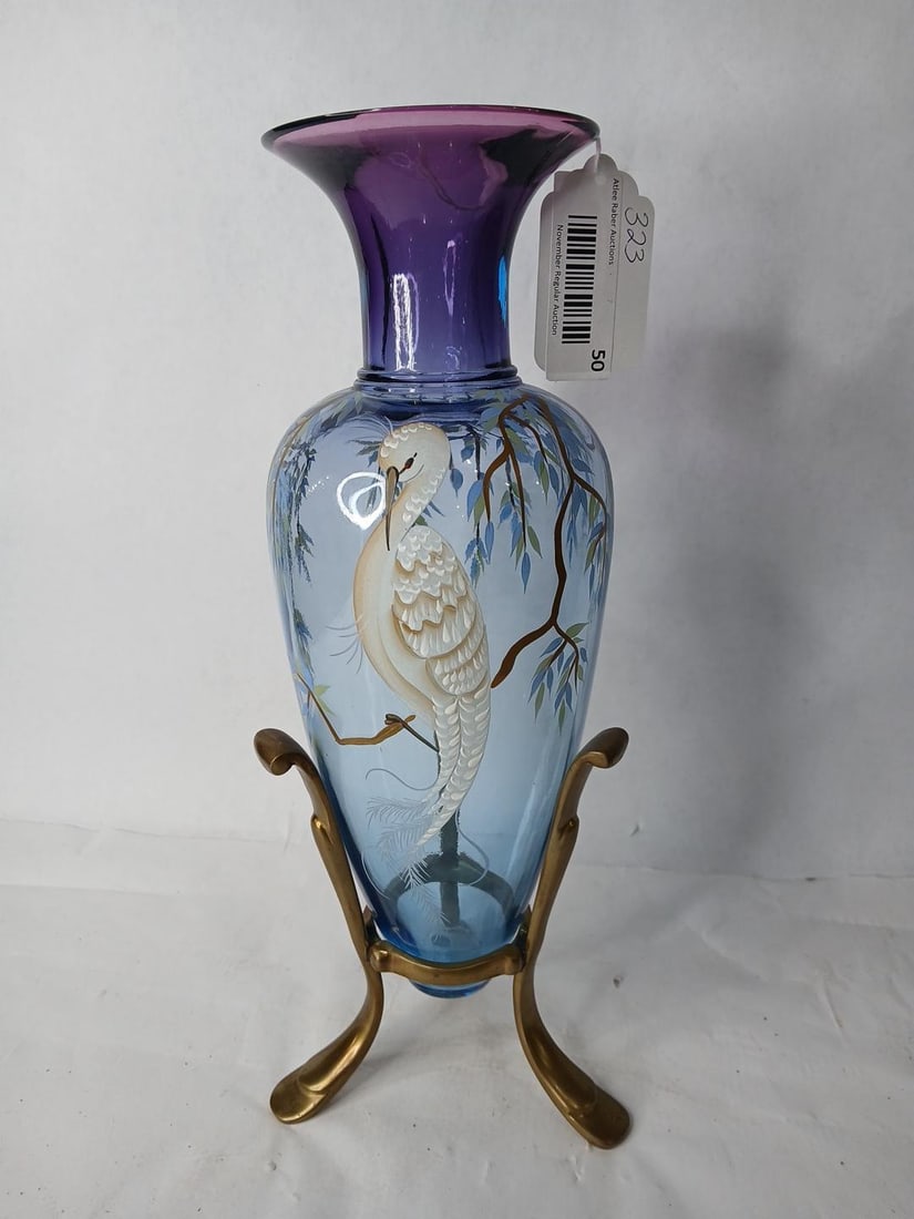 Fenton Mystical Bird Amphora Vase: Wonderfully hand painted Signed on bottom, 950/1250 with brass holder. 14.5 inches tall