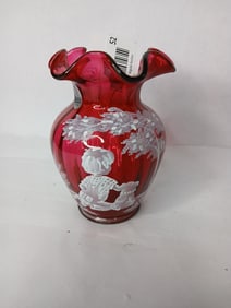 Fenton Hand Painted Boy & Dog 5In Vase