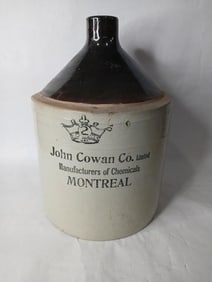 John Cowan Co. 2 Gal. Chemical Co. Stoneware Handled Crock Jug