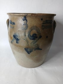 Blue Cobalt Decorated 3 Gal. Stoneware Handled Crock