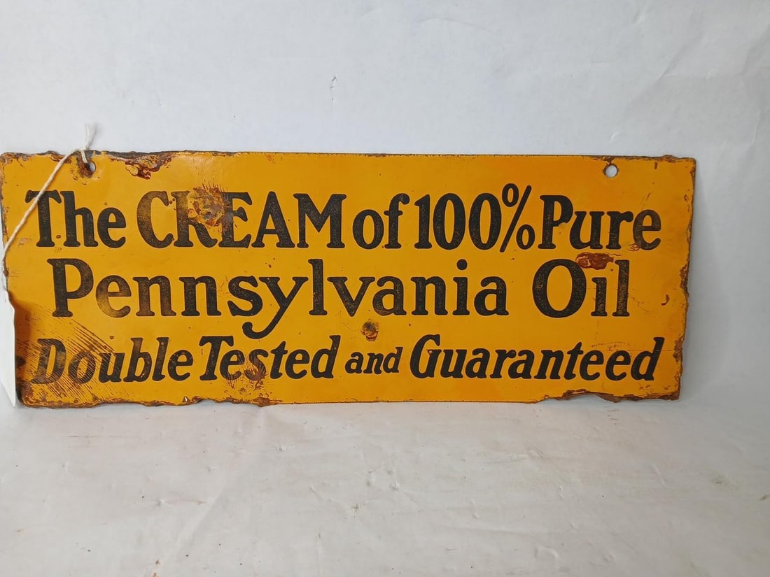 DS Porcelain Pennsylvania Oil Sign: Showing porcelain loss as well as rusting?6 x 16