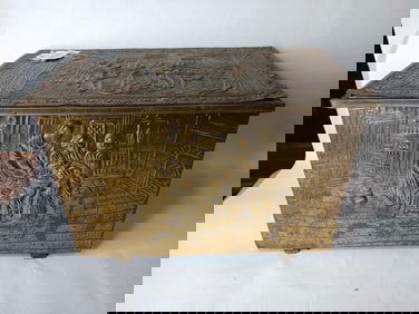 Embossed Brass over Wood Reprousse Lidded Fireside Kindling Box