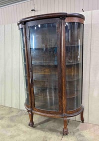 Curved Front Glass Pane One Door Shelved Curio W/ Claw Feet