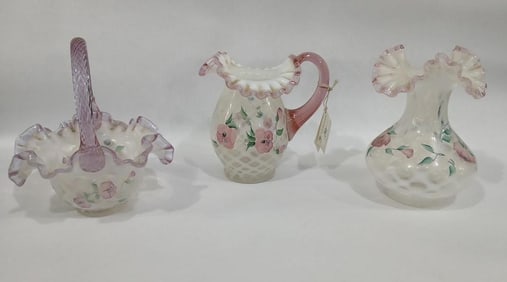 Fenton Hand Painted & Signed Pink Ruffle French Optic Lattice/Trellis Pitcher, Vase & Handled Dish