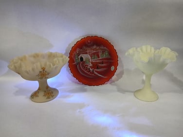 Fenton Custard Satin Ruffled & Hand Painted Compotes w/ Hand Painted Covered Bridge Plate