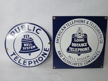 Bell System SS Porcelain Public Telephone Signs Lot of 2