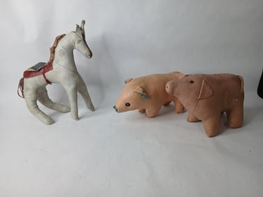 Leather Bound Primitive Stuffed Pigs and Horse Display Animals