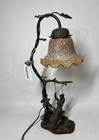Art Nouveau Bronze Tulip Woman on Tree Swing Lamp