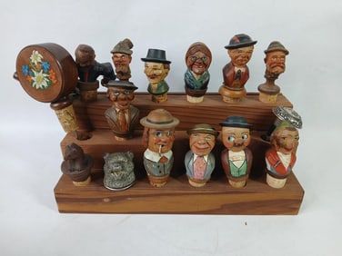Black Forest Hand Carved German/Bavarian Figural Cork Bottle Stoppers w/ Stand