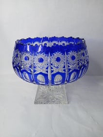 Cobalt Cut to Clear Queen Annes Lace Pedestal Bowl
