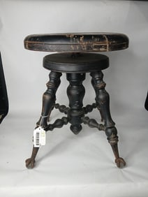 Early 1900's Glass Ball CI Claw Foot Piano Stool w/ Swivel Seat