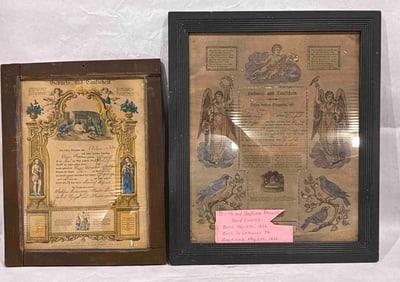 1836 Framed Birth & Baptism Ephemera Framed Records Lot of 2