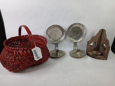 Painted Buttocks Basket, Reflecting Tin Candle Sconces, and Corner candle Holder