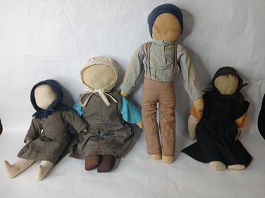 Hand Crafted Early Textile Amish Dolls Lot of 4