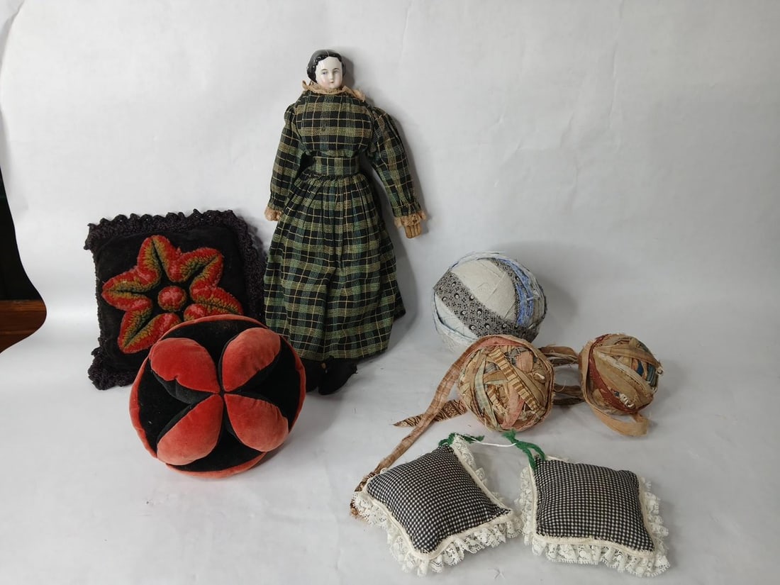 Early Doll, Textile Fabrics, Hand Sewn Pillows and More: This great primitive lot is sure to be a great addition to any collection??