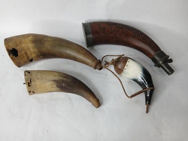 Hand Carved Wood and Horn Black Powder Flasks