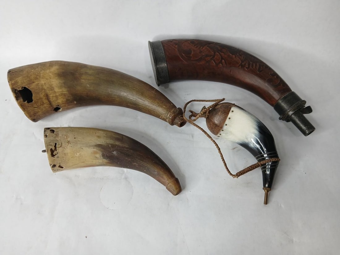 Hand Carved Wood and Horn Black Powder Flasks: .