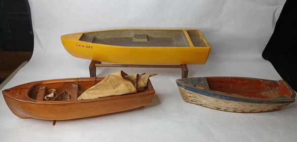 Lot of 3 Early Hand Carved Model Boats Inc. Sail Boat, Hand Painted and One with Stand