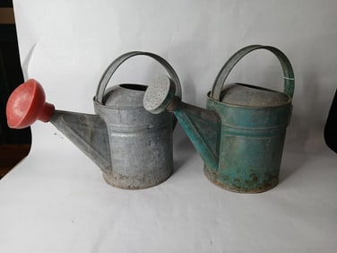 Lot of 2 One Gallon Galvanized Watering Cans w/ Spouts and 1 Showing Green Paint