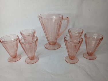 Pink Depression Glass Water Set Inc. Pitcher and 6 Fluted Glasses