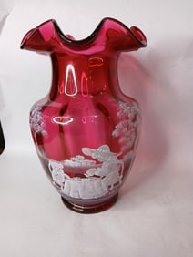 Fenton Art Mary Gregory Hand Painted & Signed Cranberry Scalloped Edge Vase
