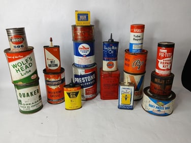 Great Lot of Garage Tins, Cans and Oilers Inc, Wolfs Head, Sunoco, Gulf, Quaker and More