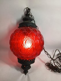 Mid Century Red Swag Glass Hanging Electrified Pendant Lamp