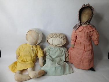 Lot of 3 Early Hand Made Cloth Amish Dolls