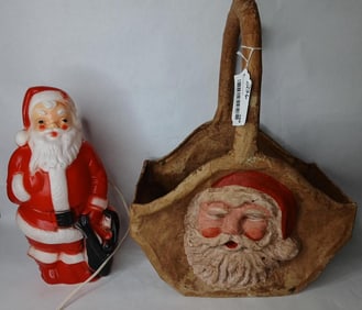 Empire Blow Mold Lighted Santa & Paper Mache St. Nick Handled Basket
