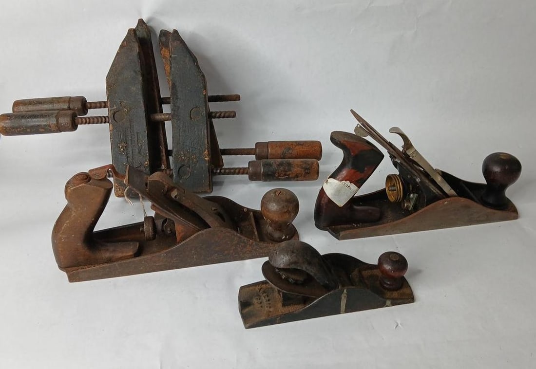Set of 3 Woodworking Planes Inc. Stanley  and 2 Early Wood Clamps (1 of 15)