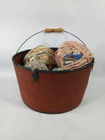Primitive Painted Bale Handled Cardboard Pail w/ Early Textile Wound Ball Deco