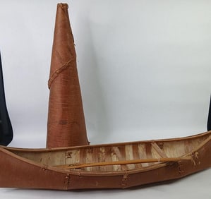 Hand Crafted Birch Wood Canoe and Horn w/ Wood Paddle