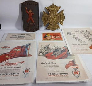 Fireman Brass Maltese Cross & CI Fireman Plaque along with Texaco Fire Advertisements