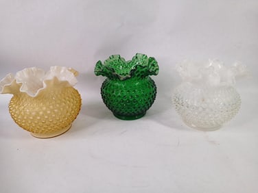 Lot of 3 Ruffled Fenton Hobnail Bowls Inc. Honey Amber, Opalescent and Green