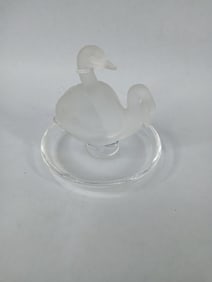 Lalique France Satin Frosted Signed Crystal Swan Duet Saucer Ring Holder