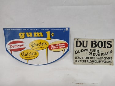 Lot of 2 SS Advertising Signs Inc. Du Bois Budweiser and Gum Machine Signs